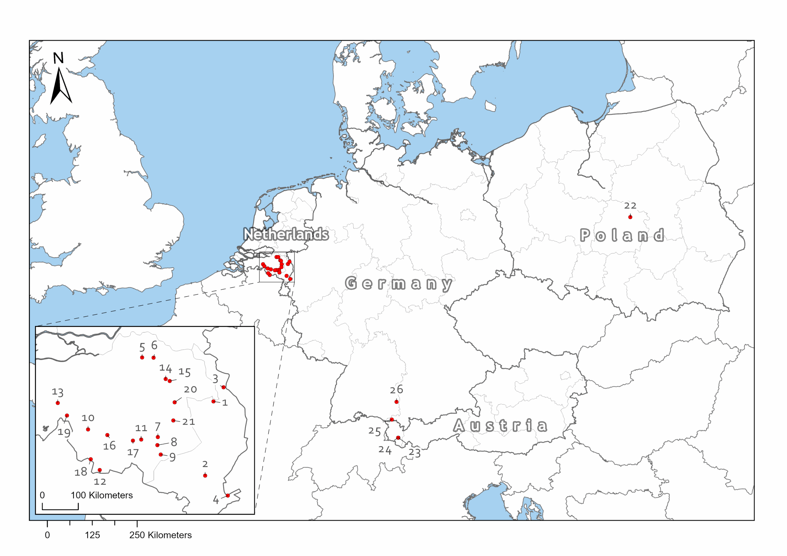 Overzichtskaart Europese lidstaten die meedoen met het Fairydust project: steenmeel gebruiken voor verbeteren van bosbodems.