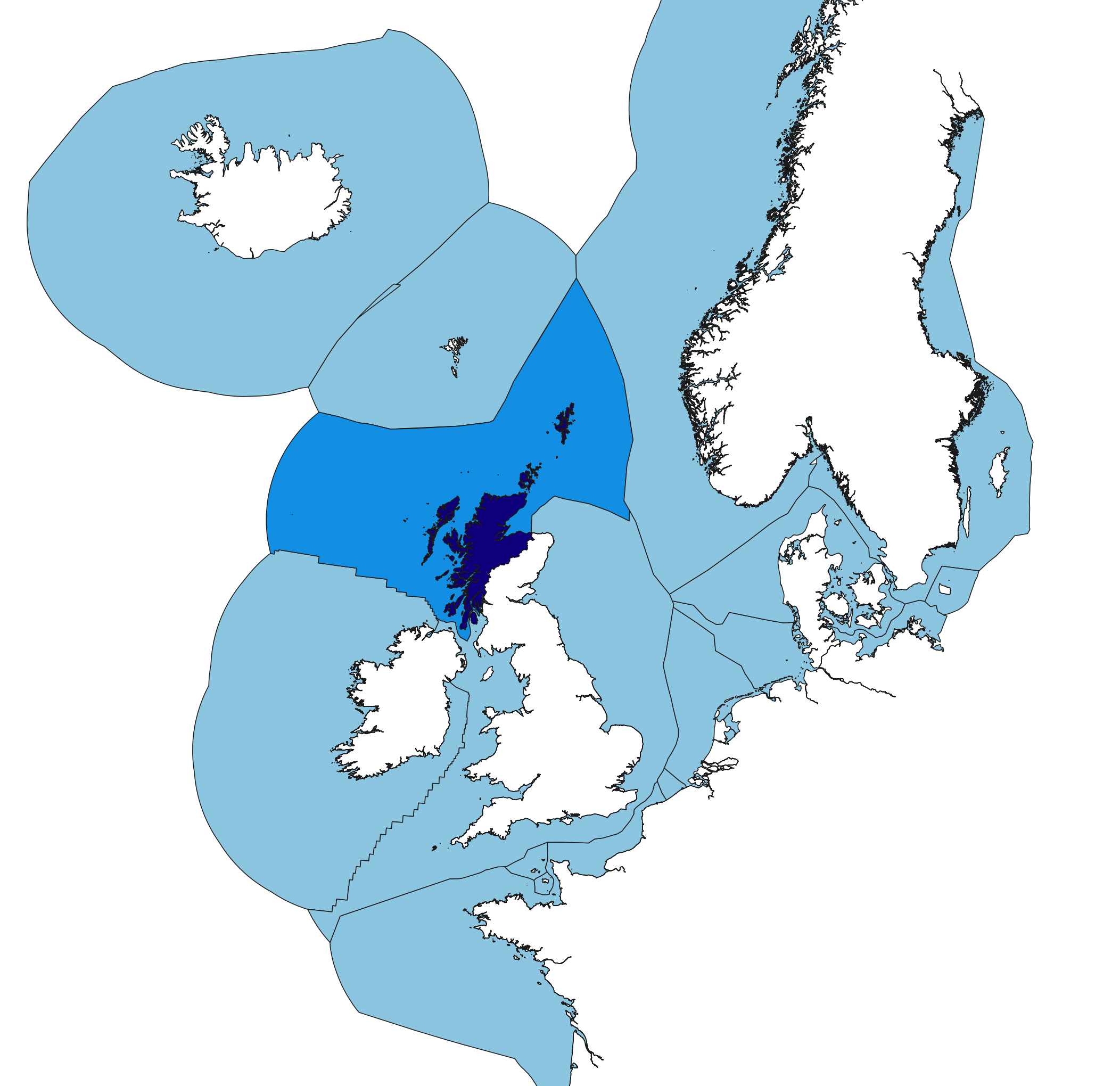 Kaart van Europese wateren, met een focus op de begrenzing van noord-Schotse wateren in de Noordzee en Atlantische Oceaan.